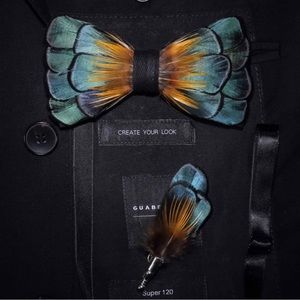 NEW Stunning Feather Bow Tie Bowtie & Lapel Pin in Gift Box Unique Unisex